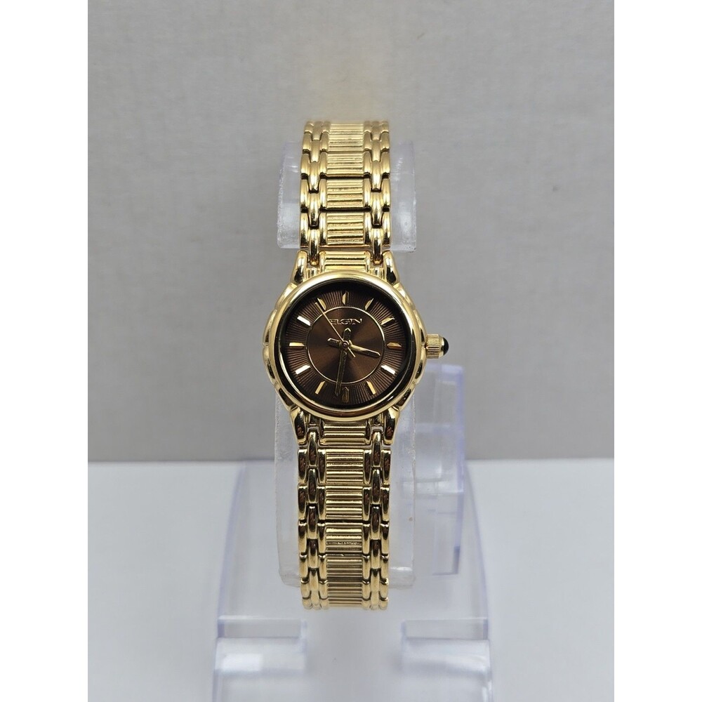 Elgin Womens Gold Tone Brown Dial Bracelet Quartz Dress Watch Dainty New Battery